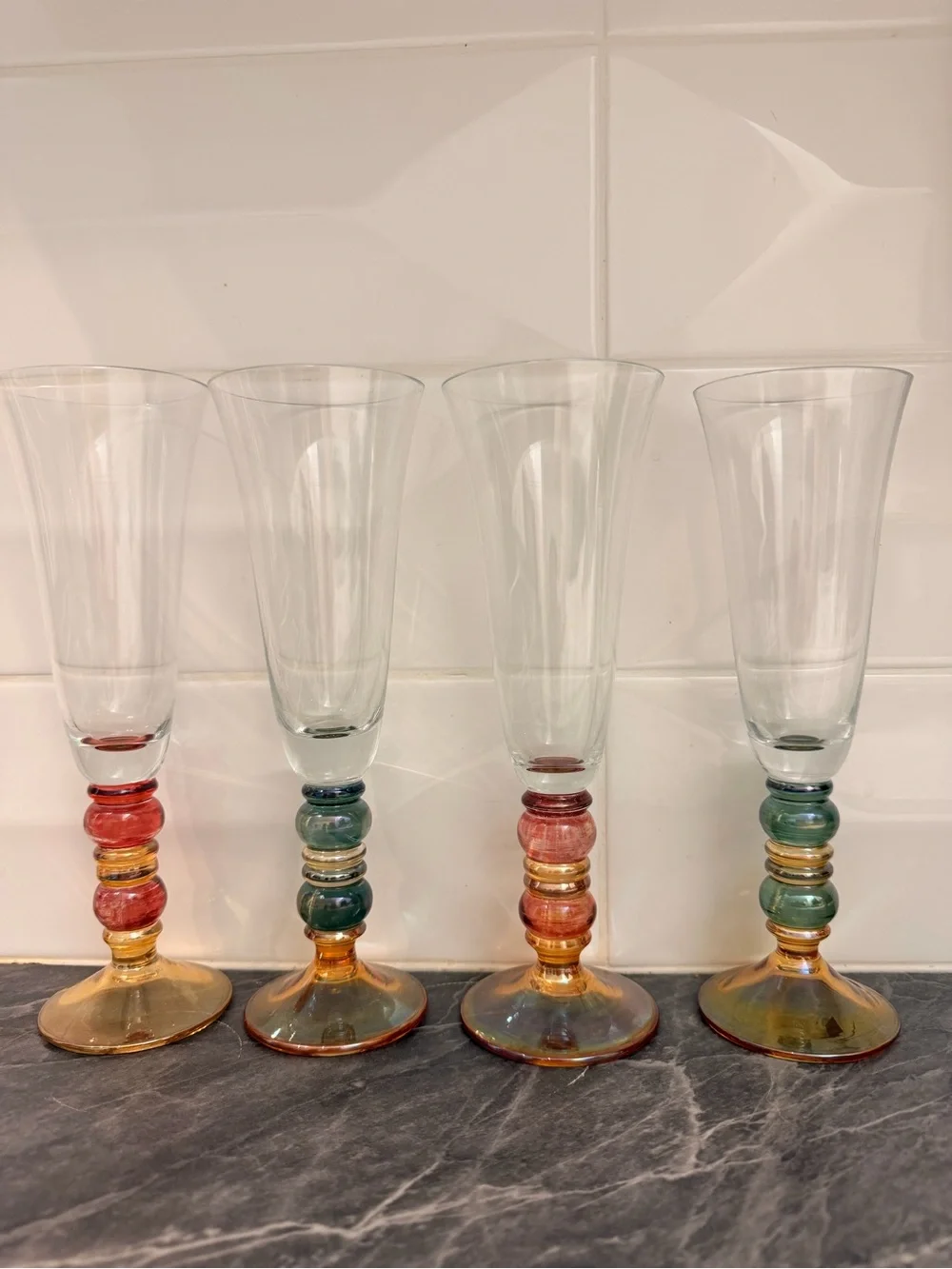 VTG 4 Krosno Poland Hand Blown Multi Color Stacked Ball Stem Champagne Flutes